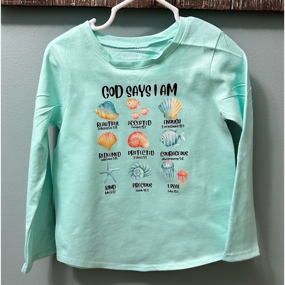God Says I Am Toddler T, Ocean 3t long sleeve turquoise shirt